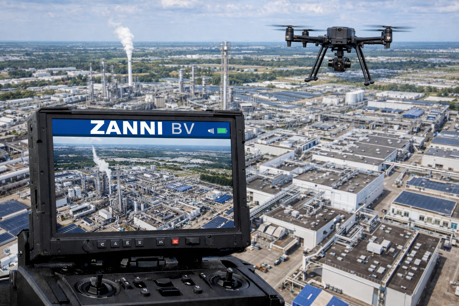 Drone boven een industrieterrein; luchtbeeld op het scherm