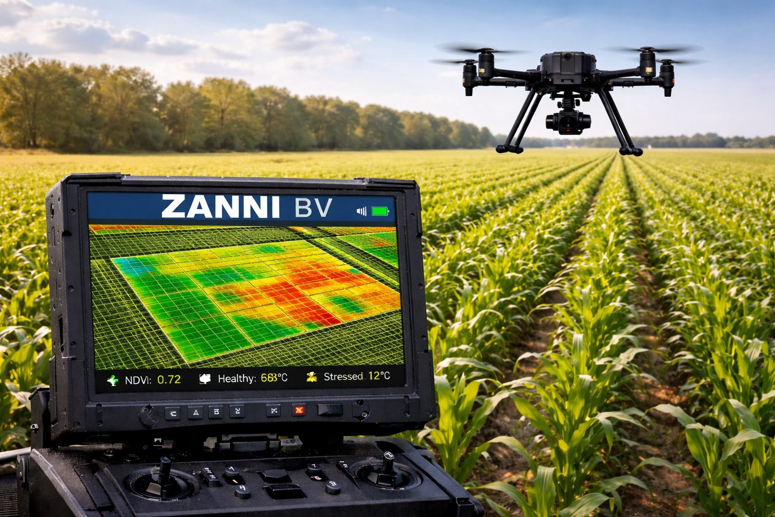 Drone boven een maïsveld; op het scherm een kleurkaart van de gewasgezondheid