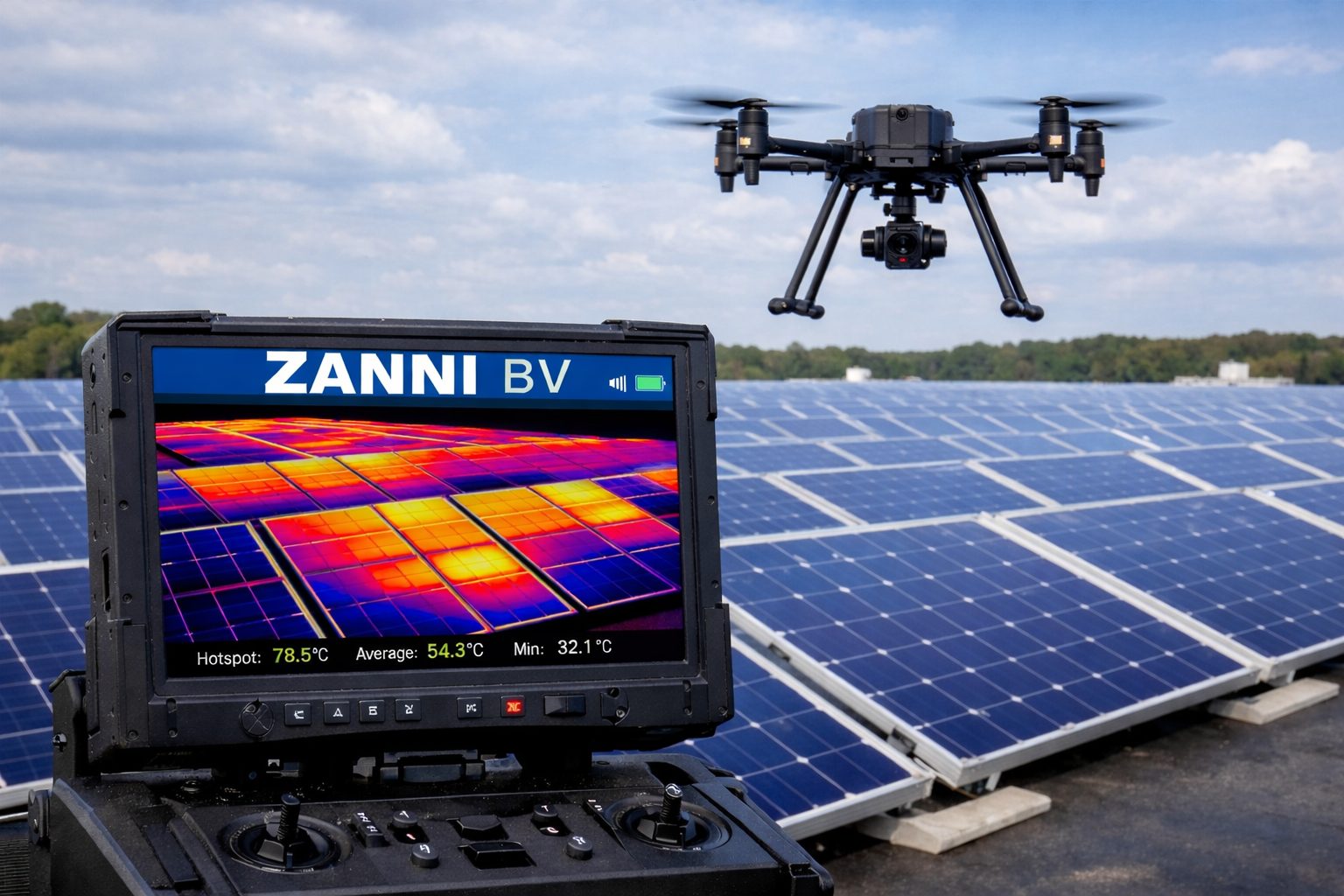 Drone boven zonnepanelen; warmtebeeld op het scherm