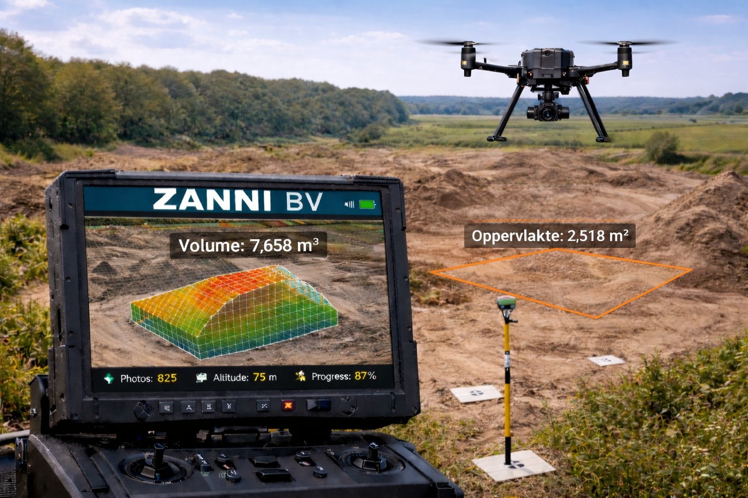 Drone boven een werf; 3D-model met volume en oppervlakte